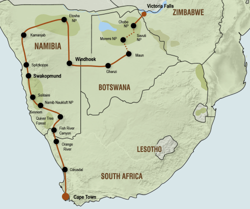 Kampeersafari van Kaapstad naar Victoria Falls (23 dage