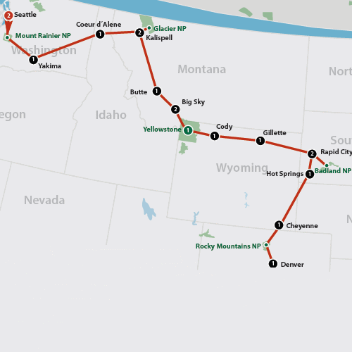 Klik op de afbeelding voor een vergroting From the Pacific to the Rockies Route 2013