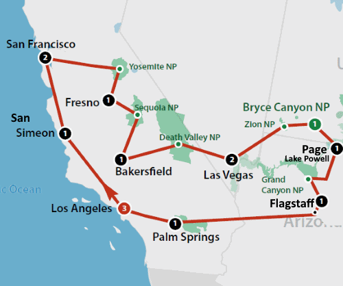 Klik op de afbeelding voor een vergroting Autoreis Amerika Highlights of the West