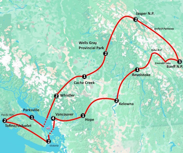 Camperrondreis Canada Highlights of Western Canada kaartje 002.jpg