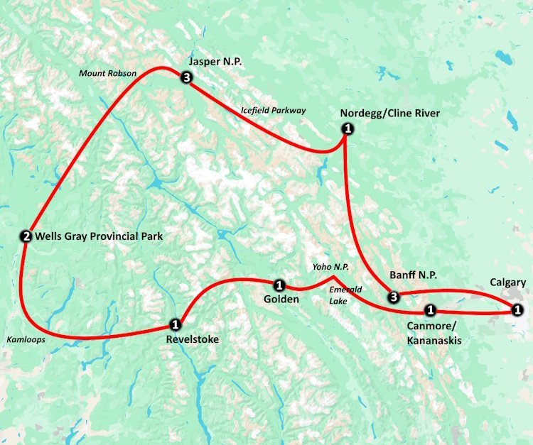 Camperrondreis Canada Canadian Rocky Mountains kaartje.jpg